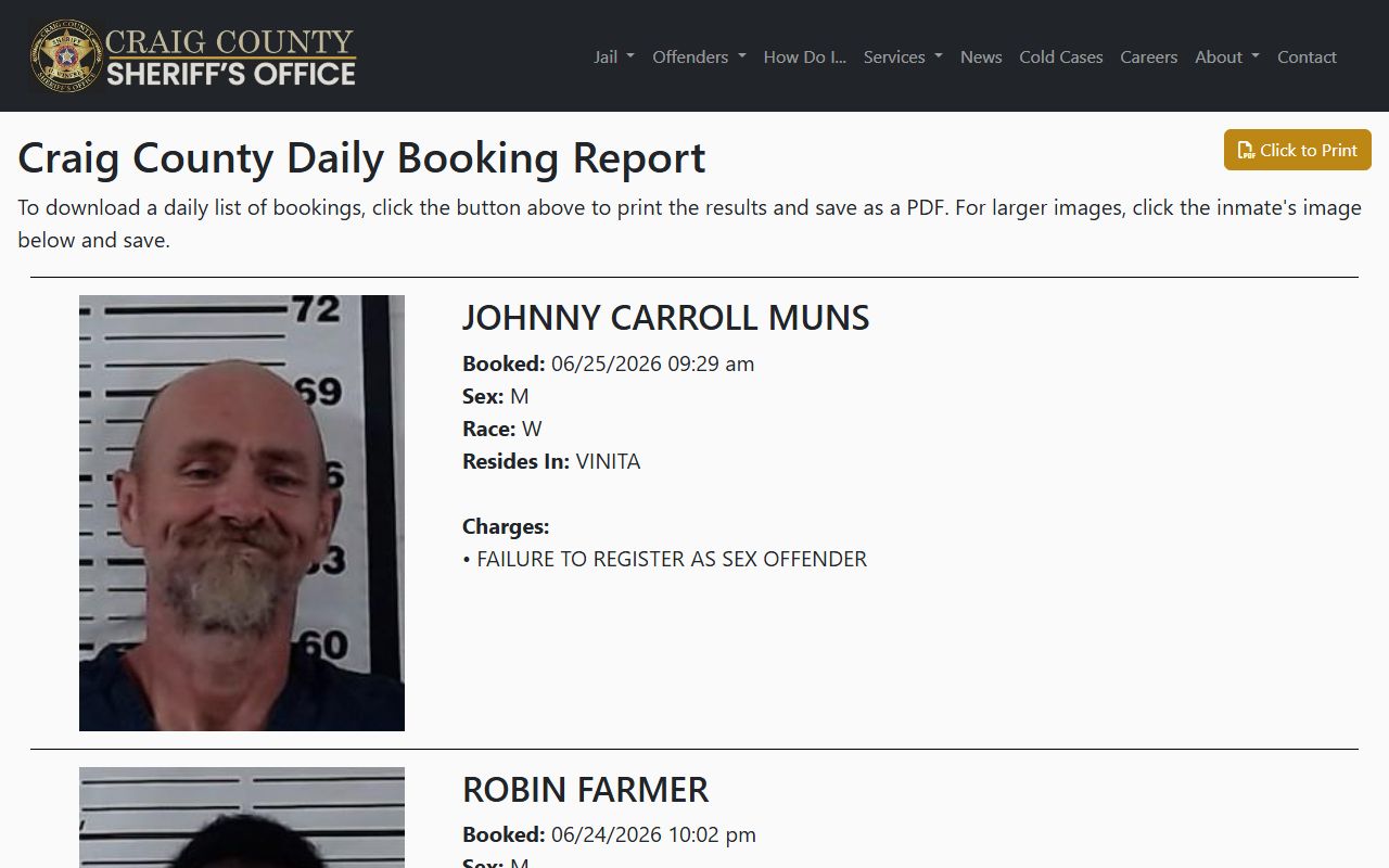 Craig County daily booking report with booking photos and charges