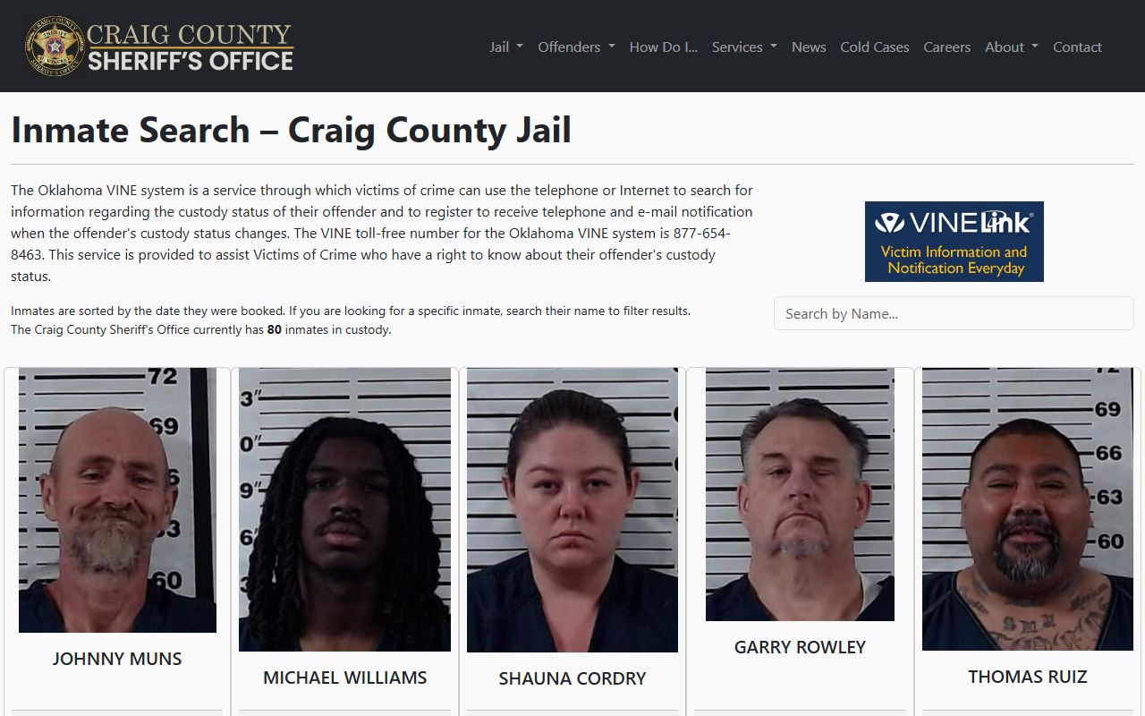 Craig County jail roster inmate search with booking cards and mugshots